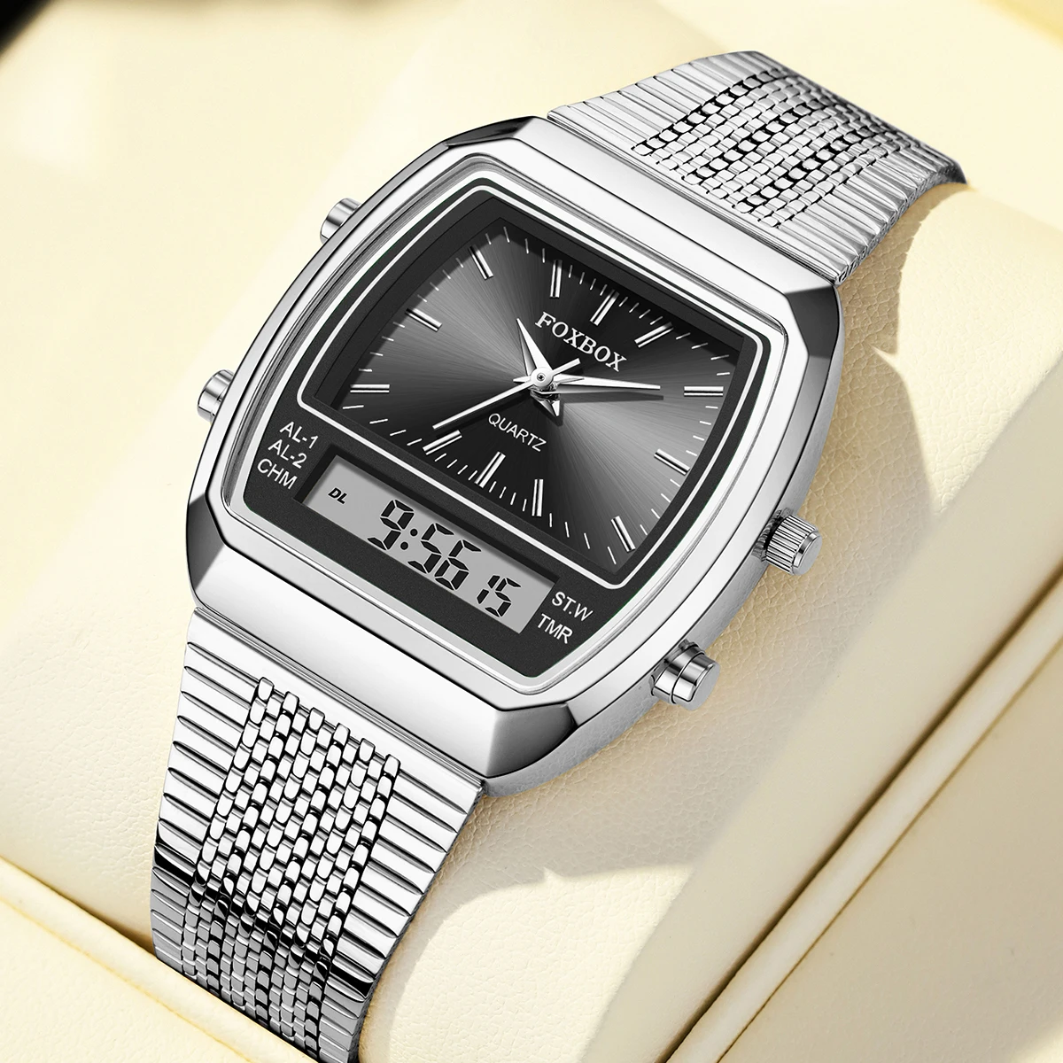 FOXBOX Luxury Digital Quartz Watches For Mens Women Fashion Casual Dual Display Time Sports Week Waterproof Wristwatches