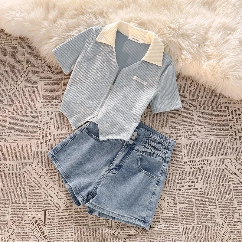 

Summer Girls' Clothing Set Short Zipper Top High Waist Denim Shorts 2-piece Set for Children Summer Clothing Suit