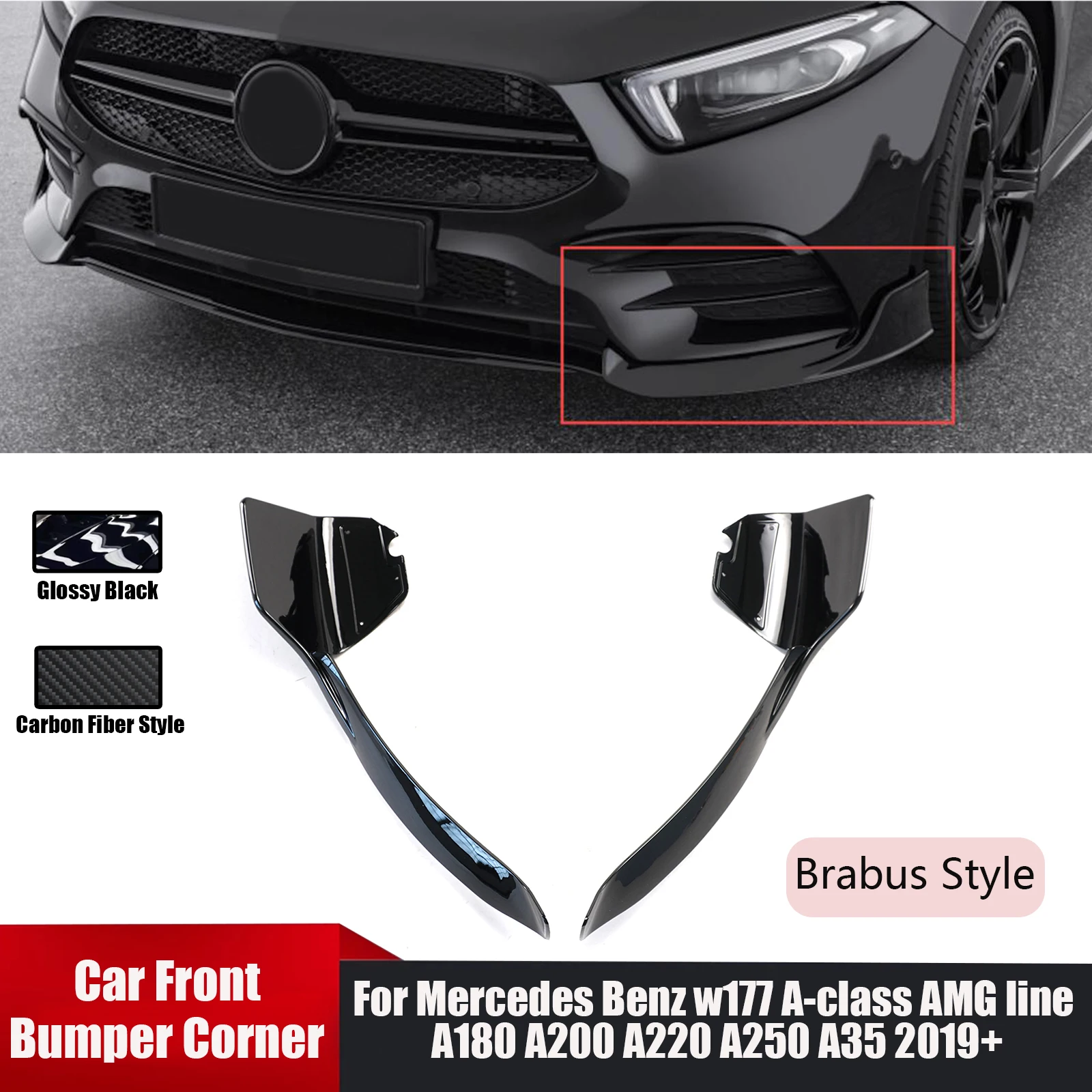 A Pair Brabus Style Car Front Bumper Corner For Mercedes Benz A-Class AMG Line W17 A180 A200 A220 A250 A35 2019+ Accessories