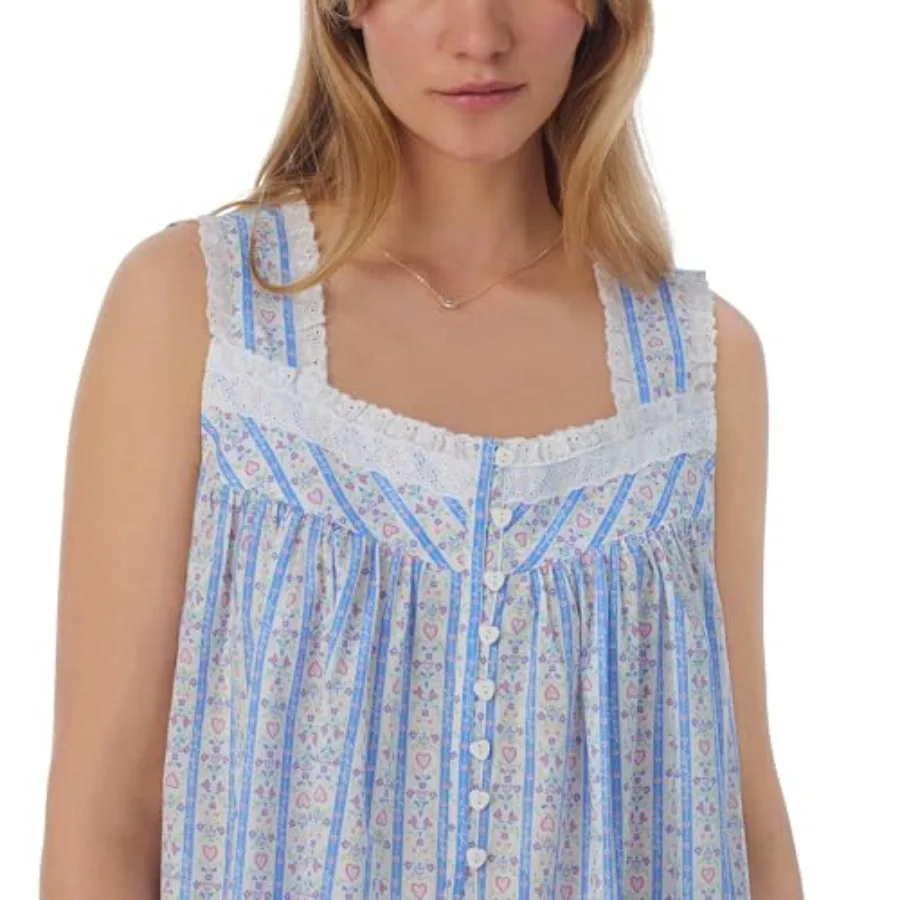 Lanz of Salzburg Women's 100% Cotton Sleeveless Chemise Nightgown, Lace Trim, Pintuck and Button Detail, 36
