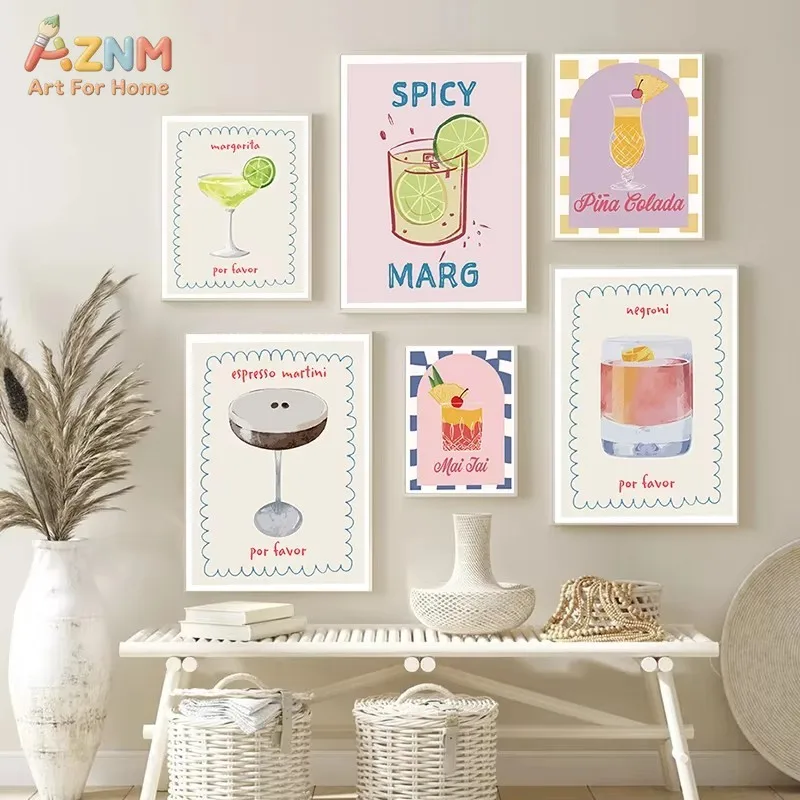 AZNM Wavy Border Classic Cocktail Canvas Wall Art Negroni Margarita Martini Print Bar Kitchen Home Decor Poster Unframed