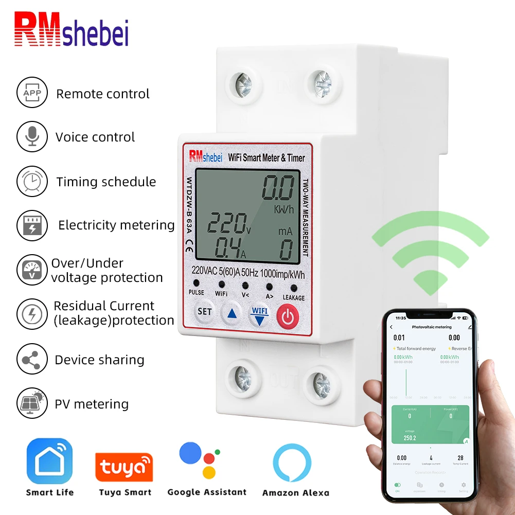 

RMshebei 63A Tuya Smart Circuit Breaker with Metering Energy Meter DIN Rail Photovoltaic Bidirectional Metering Smart Home