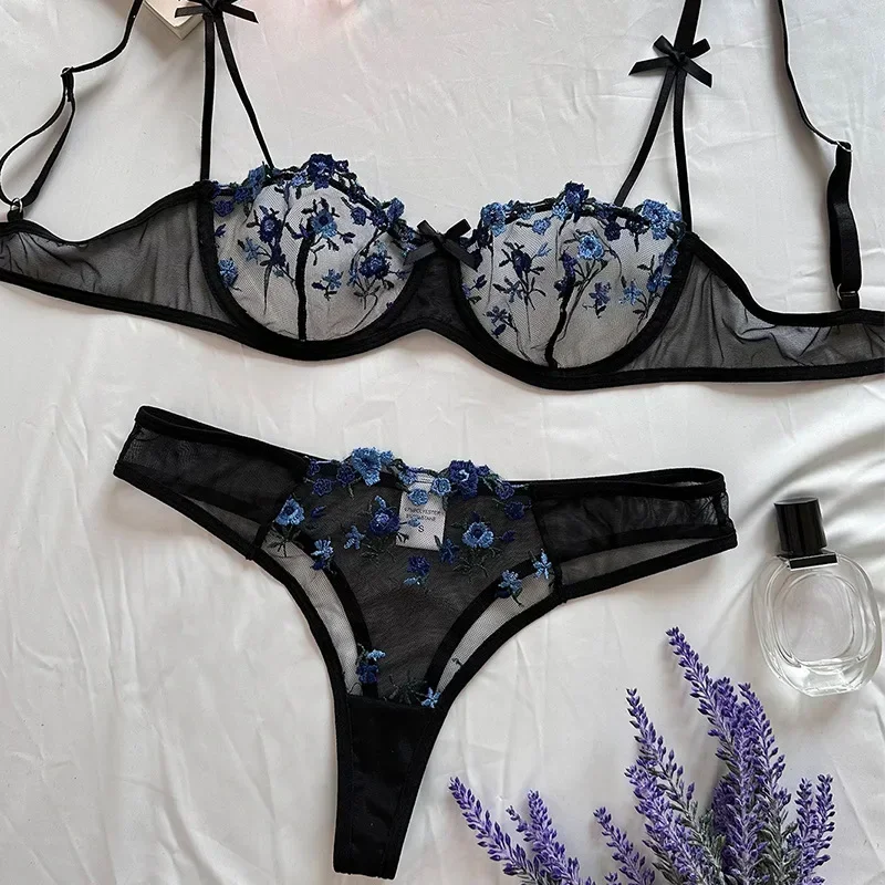 Lingerie untuk wanita pakaian dalam Set Lingerie Perancis seksi lukisan tinta bordir kupu-kupu Bra renda Set korset Mujer Lingerie Set