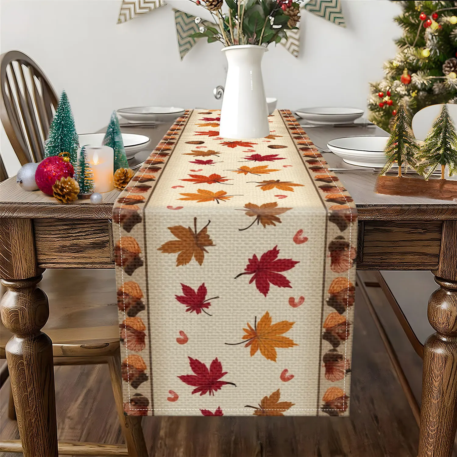 1 Piece of Autumn Maple Leaf Themed Table Runner, Featuring Maple Leaves and Acorn Borders as the Main Motifs, Suitable for Autumn Home Decor, Holiday Decorations, Etc