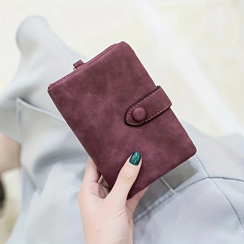 Tri-fold Short Women Wallets with Coin Zipper Pocket Minimalist Frosted Soft Leather Ladies Purses Female Pink Small Wallet image 2