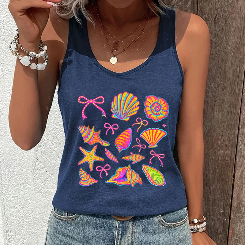 Summer Vibes Women Top Racerback Tanks Coquette Seashell Graphic Tank Top Women Coastal Travel Summer Outfit Tanks & Camis