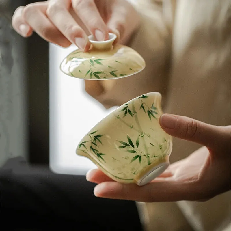 Hand Painted Bamboo Porcelain Yellow Gaiwan For Tea Tureen Teaware Cup Chinese