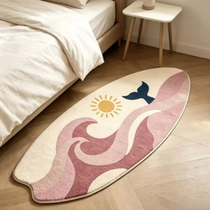 VIKAMA Surfboard Shaped Area Rug Purple Ocean Wave Whale Tail Sun Print Non‑Slip Soft Floor Mat Bedroom Home Decor