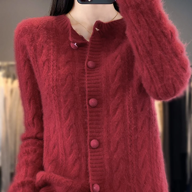 100% Wool Cardigan Women\'s Autumn And Winter New Plus Size Twist Coat High-End Sweater Round Neck Sweater Shirt Loose Thick Coat