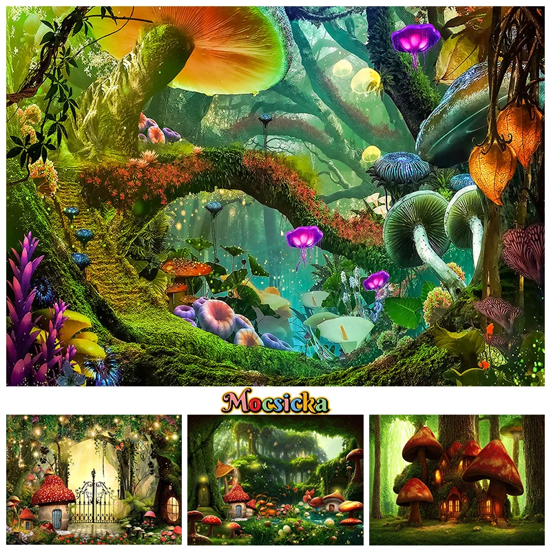 사진 촬영용 녹색 숲 배경, 자연 버섯 집 부활절 장식, 계란 아기 생일 용수철 배경, 사진 스튜디오