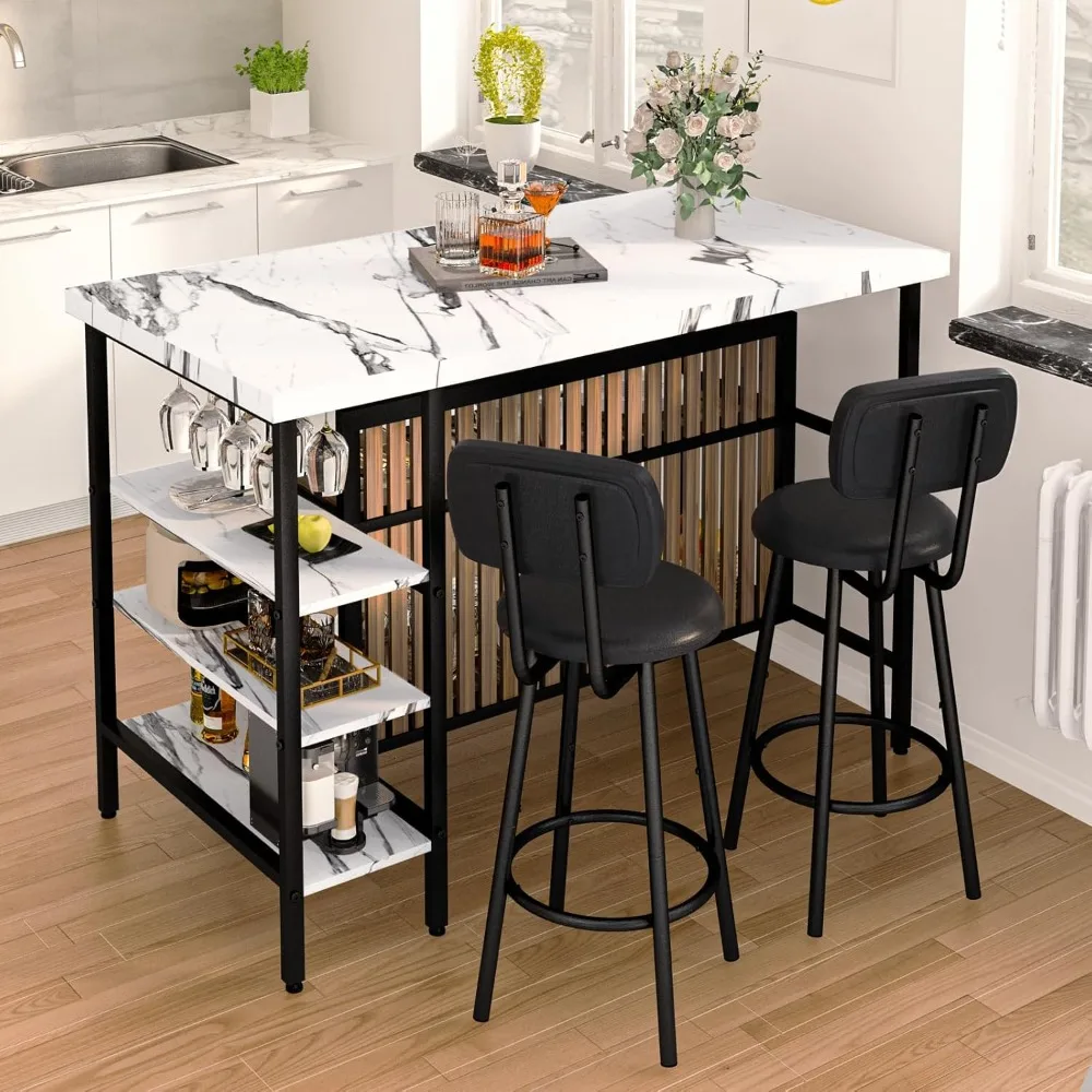 Kitchen Island with Storage Small Dining Table for 2, Bistro Table and Chairs Set of 2 W/ 5 Shelves with PU Stools (White)