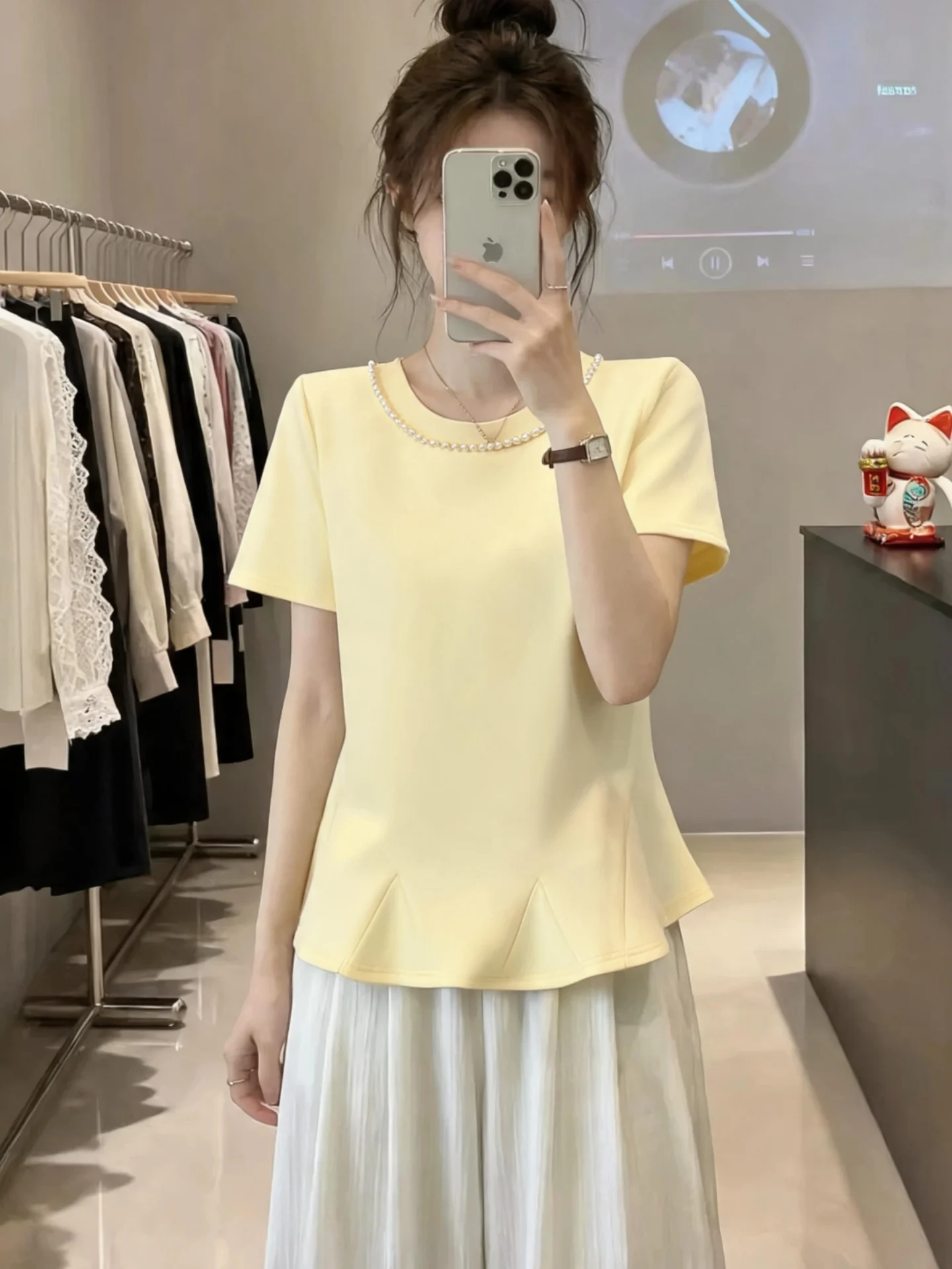 Slimming Short Sleeve T-Shirt Women's Summer Fashion Design Bead Embellished Base Shirt plus Size Korean Style Commute Wear