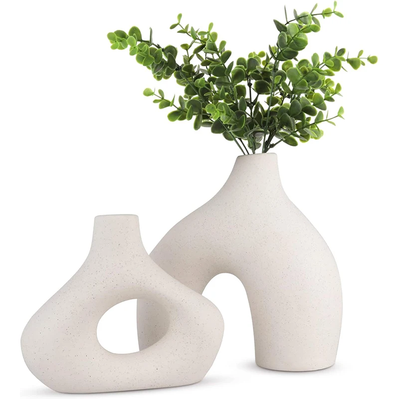 

2pcs Ceramic Vase for Modern Minimalist Bohemian Decor Round Matte Donut Flowers Vases for Pampas Grass-Perfect for Living Room