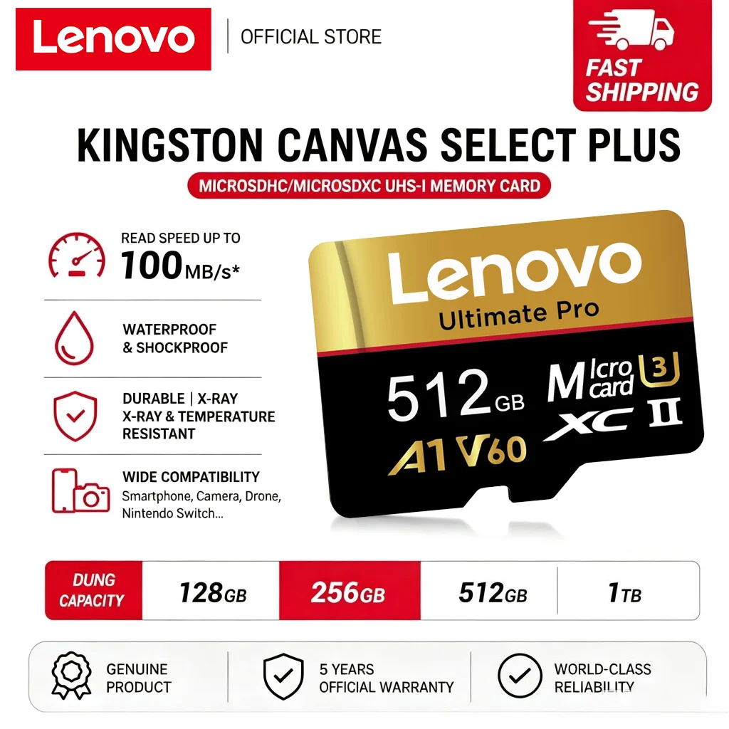 Lenovo Micro TF SD Card 512GB 256GB 128GB 64GB A2 U3 SD Card V30 Class 10 UHS-1 TF Flash Memory Card for Smartphone/PC/Switch