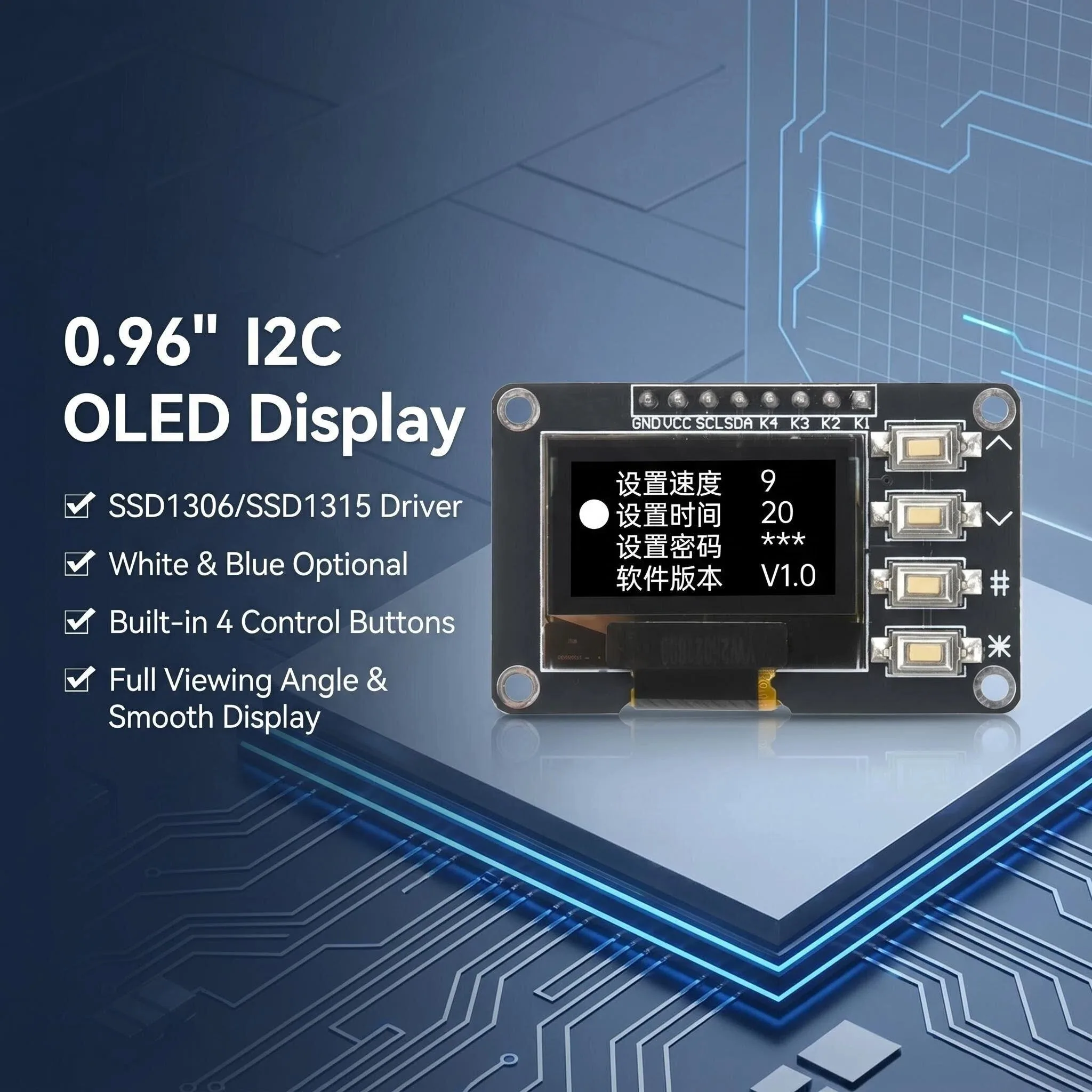 

0.96inch I2C OLED Display SSD1306 SSD1315 Driver White Blue Optional 4 Buttons Full View Angle Smooth Electronic DIY