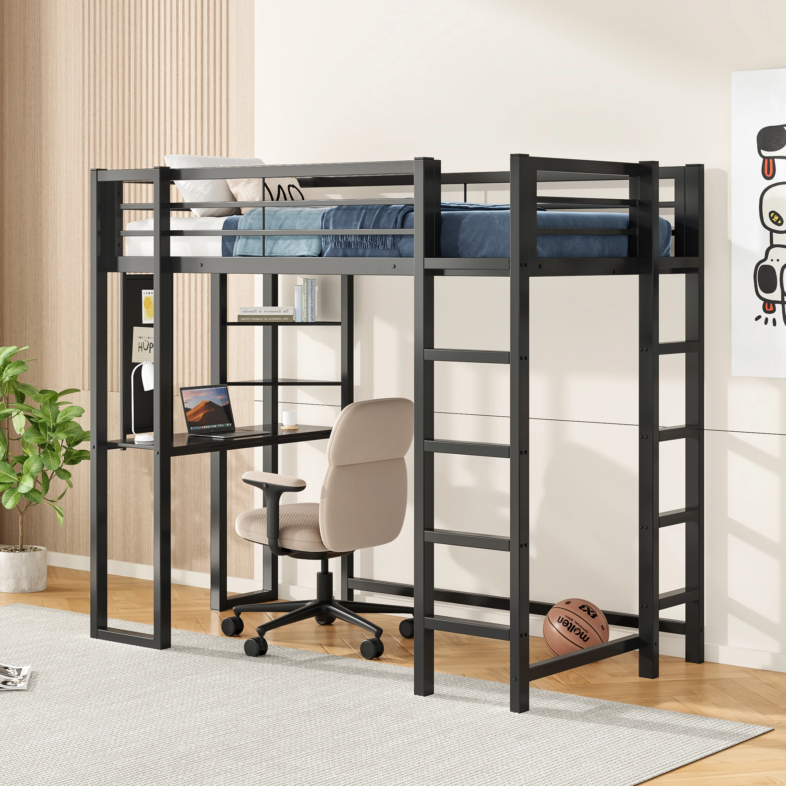 Loft Bed with Desk, Metal Loft Bed Twin Size, Loft Bed Frame with Desk and Storage Compatible with Boys Girls Teens, Black Bedro