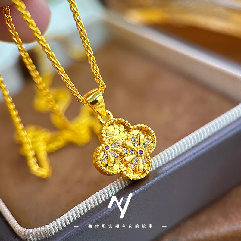 Luxury 24K 9999 Pure Gold real gold Point Drill Little Daisy Lucky Grass Pendant Clavicle Necklace