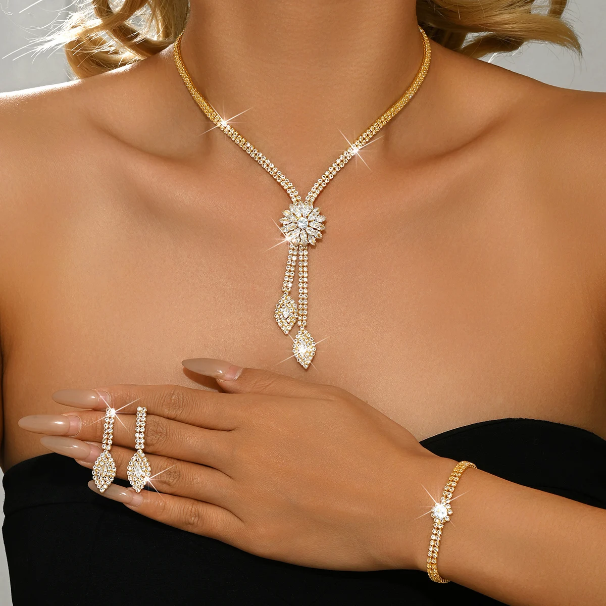Vintage Gold Rhinestone 4Pcs Jewelry Set Women Floral Tassel Necklace Earrings Bracelet Perfect Gift for Her Daily Wear Wedding