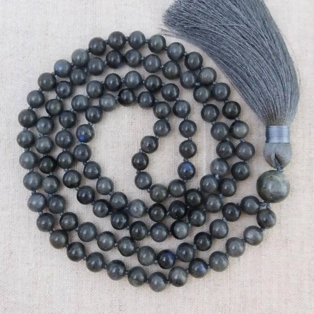 

Натуральное ожерелье-мала из лабрадорита на 108 бусинах с серым кисточком, духовное украшение для медитации