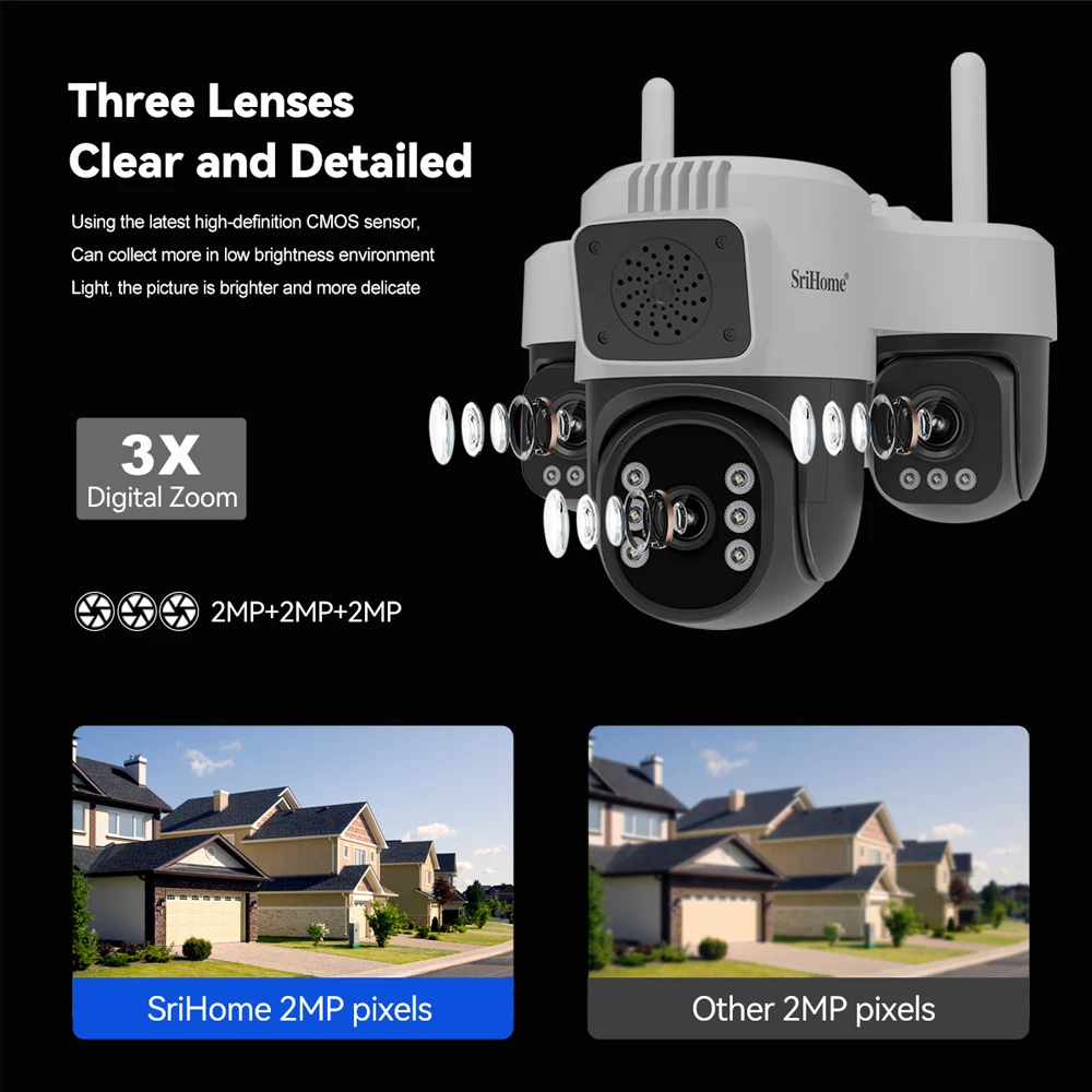 SriHome 6MP 3 Lens 2.4/5G WIFI Surveillance Camera 3X electronic zoom PTZ Smart Home Human Tracking Wireless Outdoor CCTV Camera