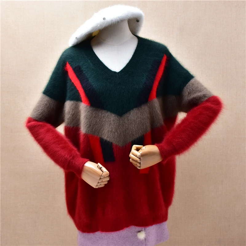 Donna Donna Autunno Inverno Moda Visone peloso a righe Cashmere lavorato a maglia O-Collo Maniche lunghe Camicette sottili Pullover Maglione angora