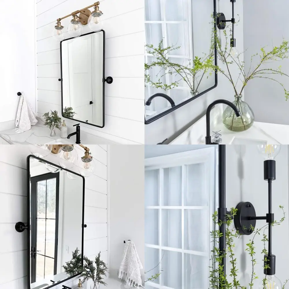 Rectangle Pivot Mirror with Tilt and Beveled Edges for Bathroom, Matt Black Metal Framed Vanity Mirror with Long-Lasting Durabil