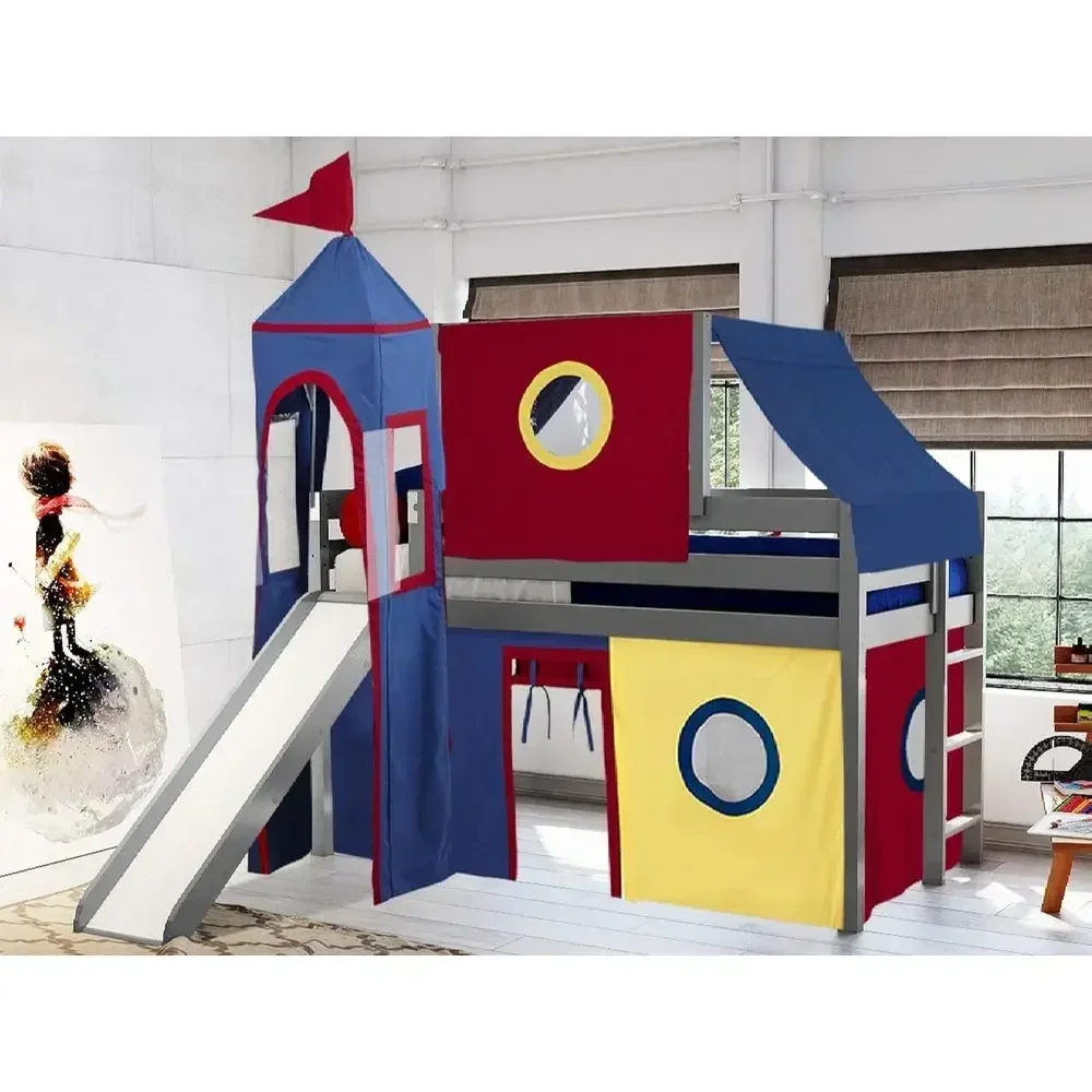 Low Loft Bed with Slide, Red Yellow Blue Tent and Tower, Twin Size, Gray