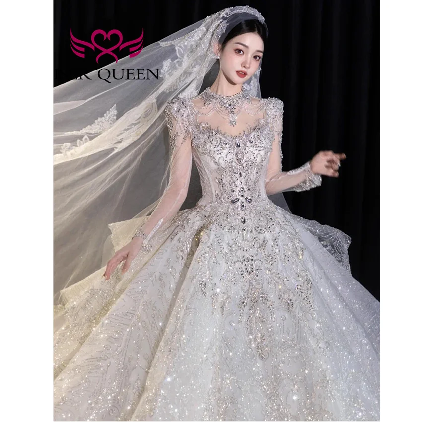 

Customized Shiny Tulle Luxury Wedding Dress 2025 High Neck Full Sleevels Ball Gown Crystal Beaded Wedding Dresses Ladies WX0476