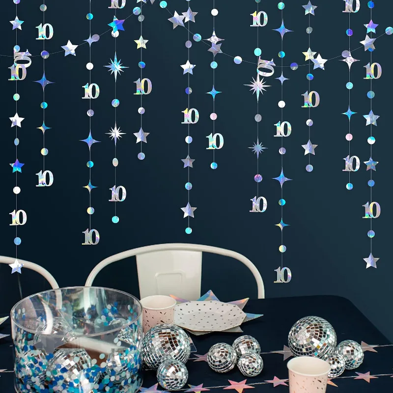 Schillernde 10. Geburtstag Banner Dekorationen Nummer 10 Kreis Punkt funkeln Stern Girlanden hängen Hintergrund für 10. Geburtstags feier – Detail 5