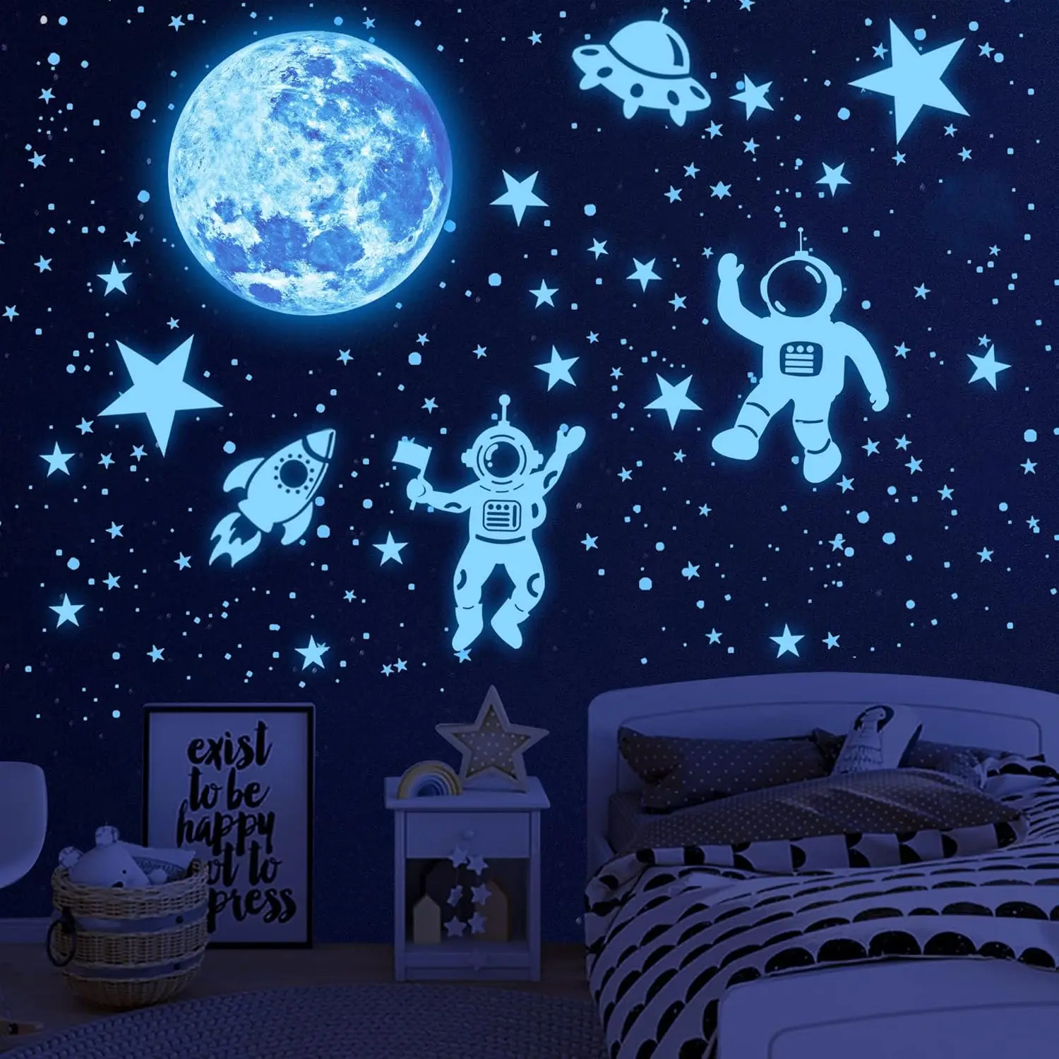1106Pcs Glow in The Dark Moon and Planet Wall Decal Luminous Astronaut Universe Galaxy Space Wall Stickers Outer Space Decal