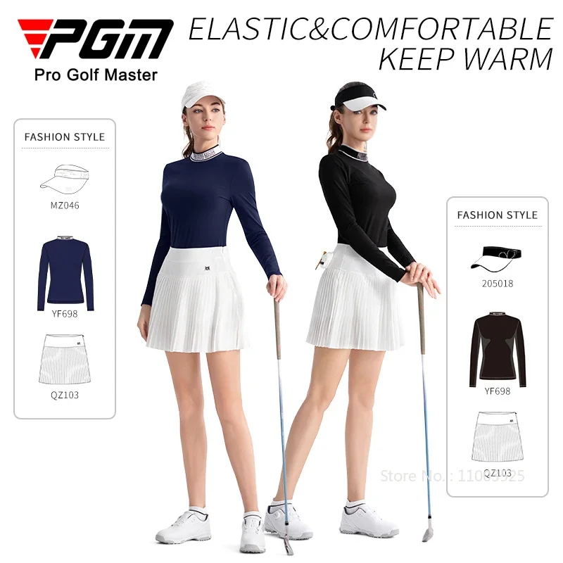 PGM Winter Autumn Golf Shirt Women Warm Velvet Long Sleeved Golf Clothing High Neck Slim Sports Tops Ladies Fitness Wear