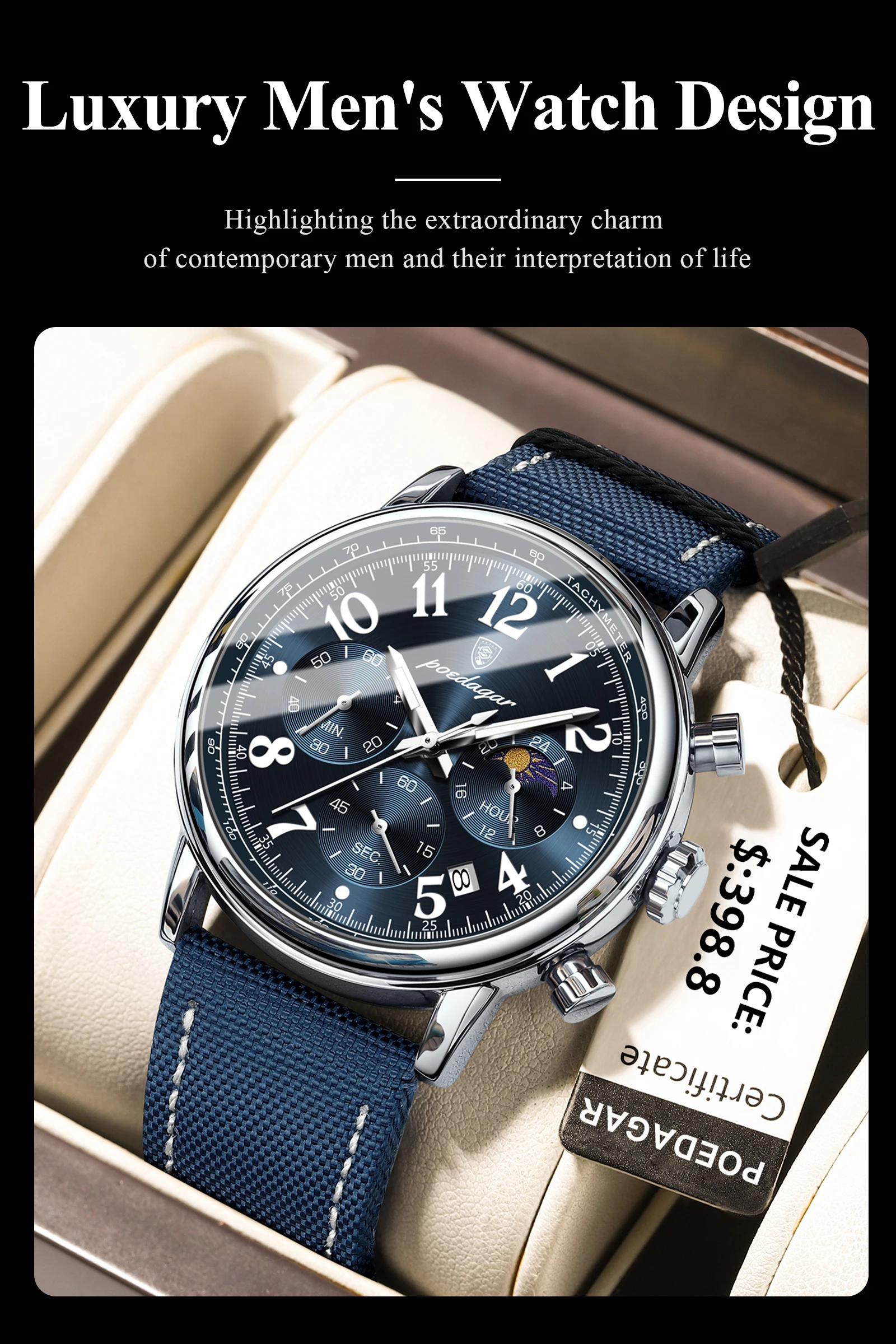 POEDAGAR Luxus Sport Militär Männer Uhr Wasserdicht Leucht Chronograph Nylon Leder Datum Mann Armbanduhr Quarz herren Uhren – Detail 4