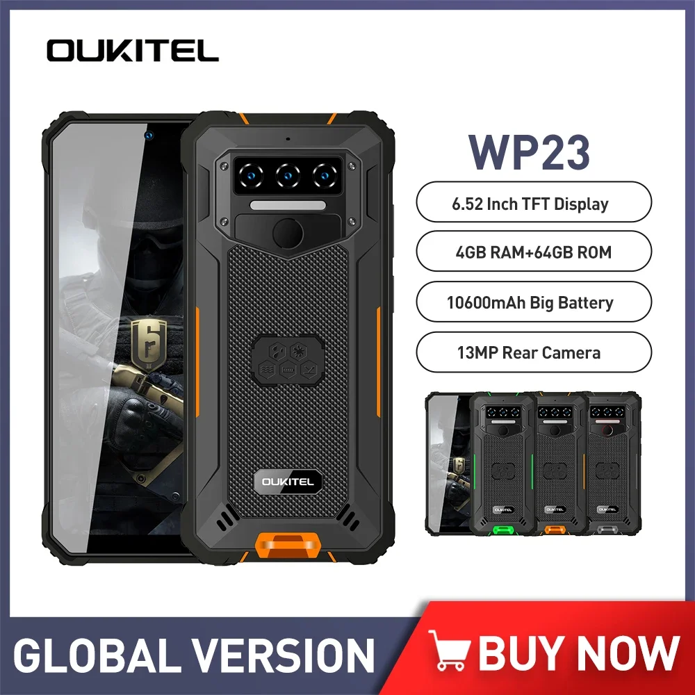 Oukitel WP23 4G Smartphone Android 13 6.52 Inch Octa Core 4GB+64GB IP68 & IP69K Rugged Mobile Phone 10600mAh 13MP Cellphone NFC