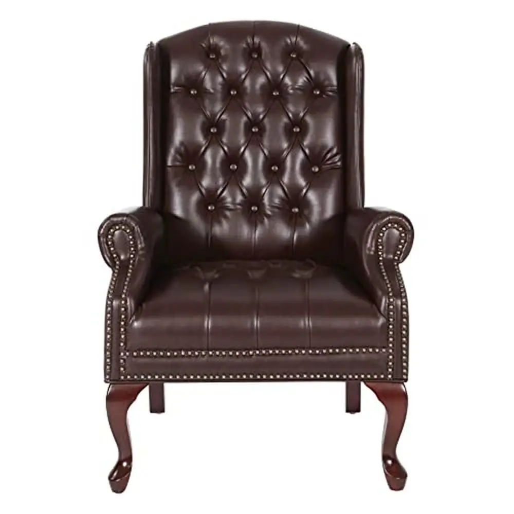 Traditional Queen Anne Style Chair with Thick Padded Seat and Lumbar Support Back Royal Cherry Wood Bordeaux Red Wingback