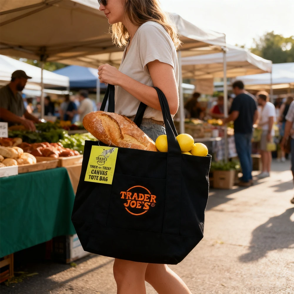 حقيبة تسوق قماشية رسمية من تاجر جو - حقيبة تسوق متينة قابلة لإعادة الاستخدام مع شعار برتقالي لراحة البقالة وسوق المزارعين