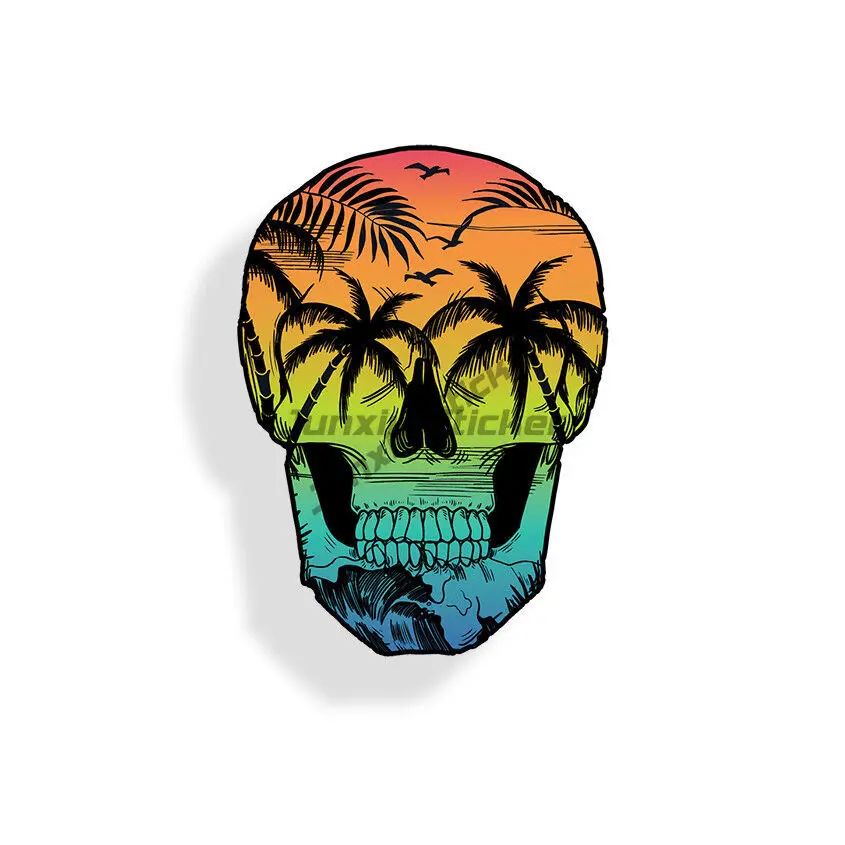 

Personality Beach Skull Sticker Palm Tree Cup Ocean Laptop Car Window Bumper Sticker Scratch Roof Sunscreen
