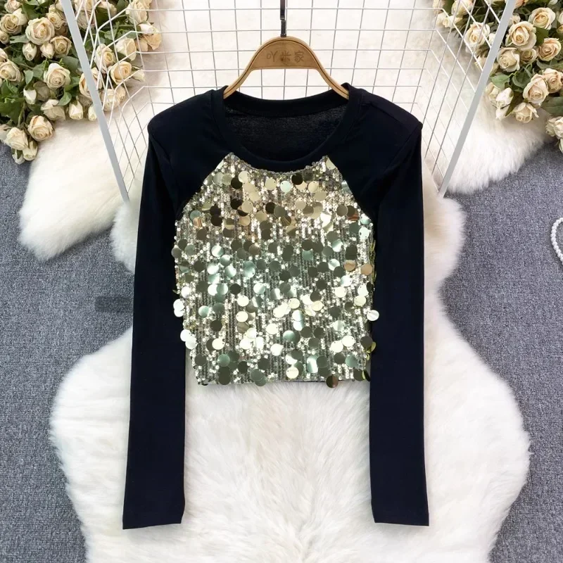 

2023 Spring Autumn New T Shirt Women T-shirts Sexy Sequins Patchwork Long Sleeve Streetwear Tees Female Fashion Spicy Girl Top