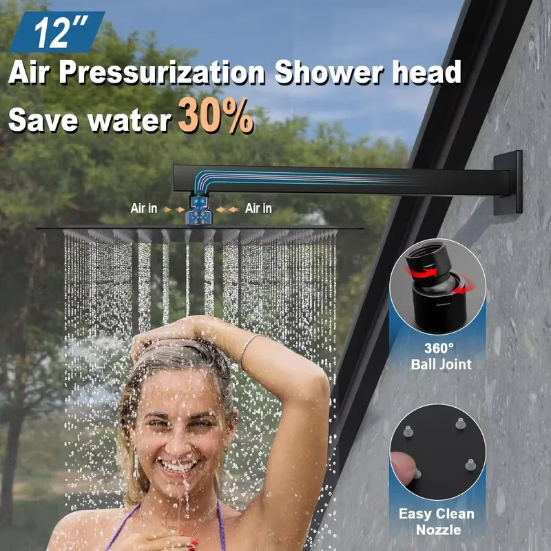 Matte Black Shower System with Body Jets 12 Inch Wall Mount Rainfall Shower System and Handheld Body Spray Shower Faucets view 4