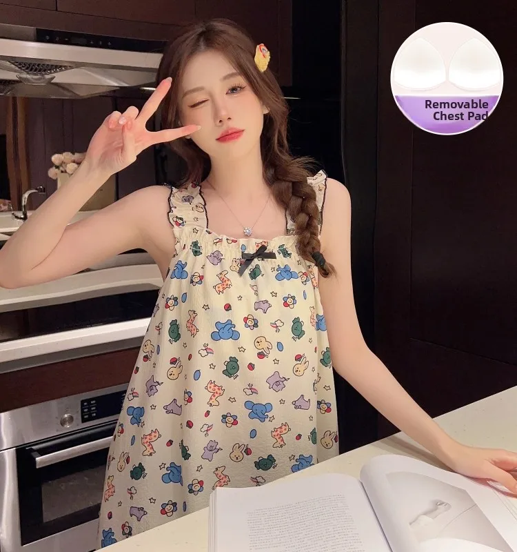 

Pure Cotton Summer Sleep Dress Women's Home Clothes with Chest Pad Long Sleeve One-Shoulder Print Sleepwear for Young Ladies