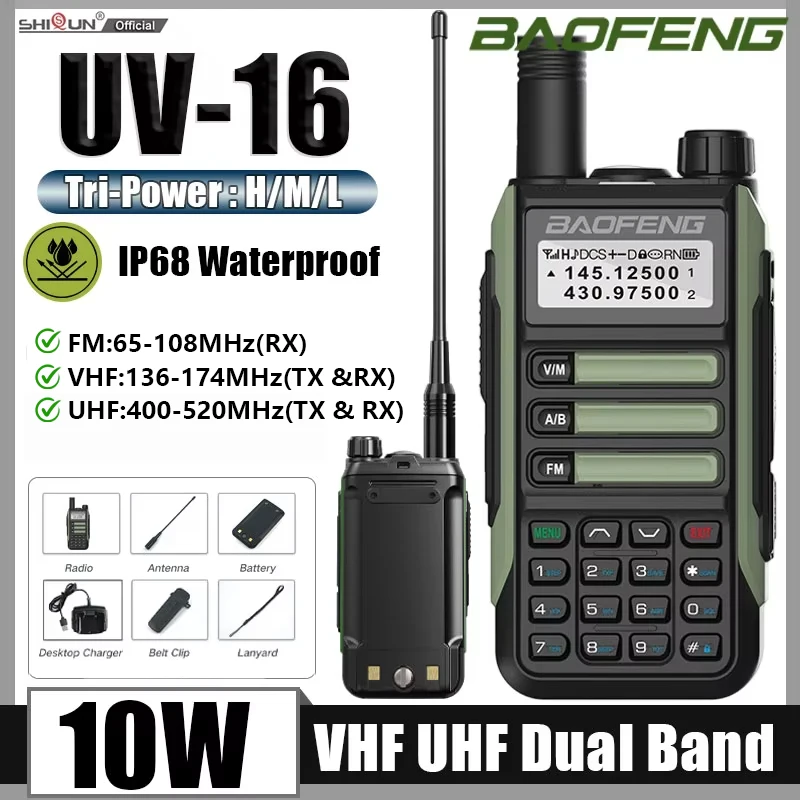 BaoFeng UV-16 10W Walkie-Talkie Tri-Power IP68 Wasserdichtes VHF/UHF Dual-Band FM Langstrecken-Handfunkgerät Grün 2 Stück