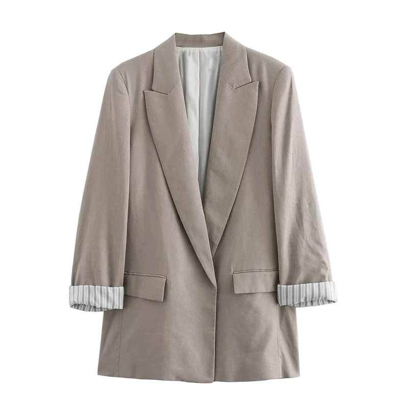 ZHUISHU Wiosna Jesień Damska lniana marynarka Casual Roll Sleeves Luźna, wszechstronna dekoracja kieszeni Płaszcz garniturowy
