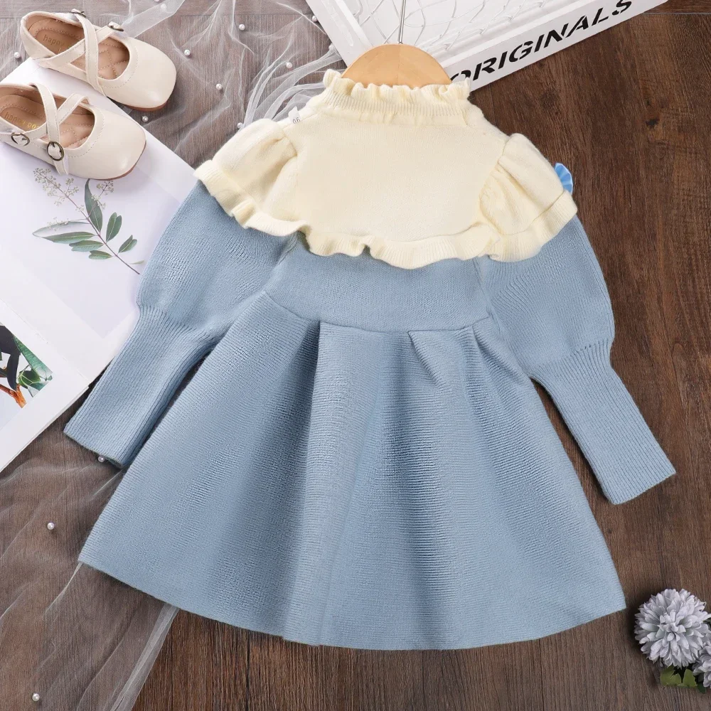 Bear Leader  Kids Dresses for Girls Winter Lace Bow Spliced Sweater Princess Dress Birthday Party Christmas Costume