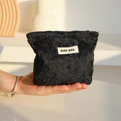 Black embroidery women's makeup bag, portable small makeup change storage bag, travel card case, key case, inner tank bag
