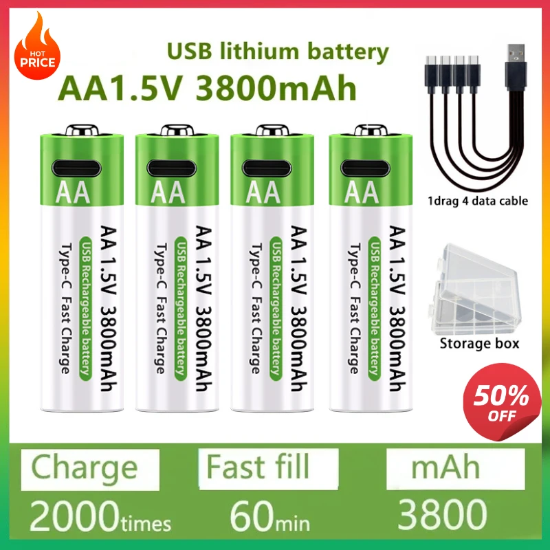 

Li-ion AA Rechargeable Batteries USB Lithium-ion Rechargeable Batteries+ Data Cable and Storage Box 3800mAh 1.5V