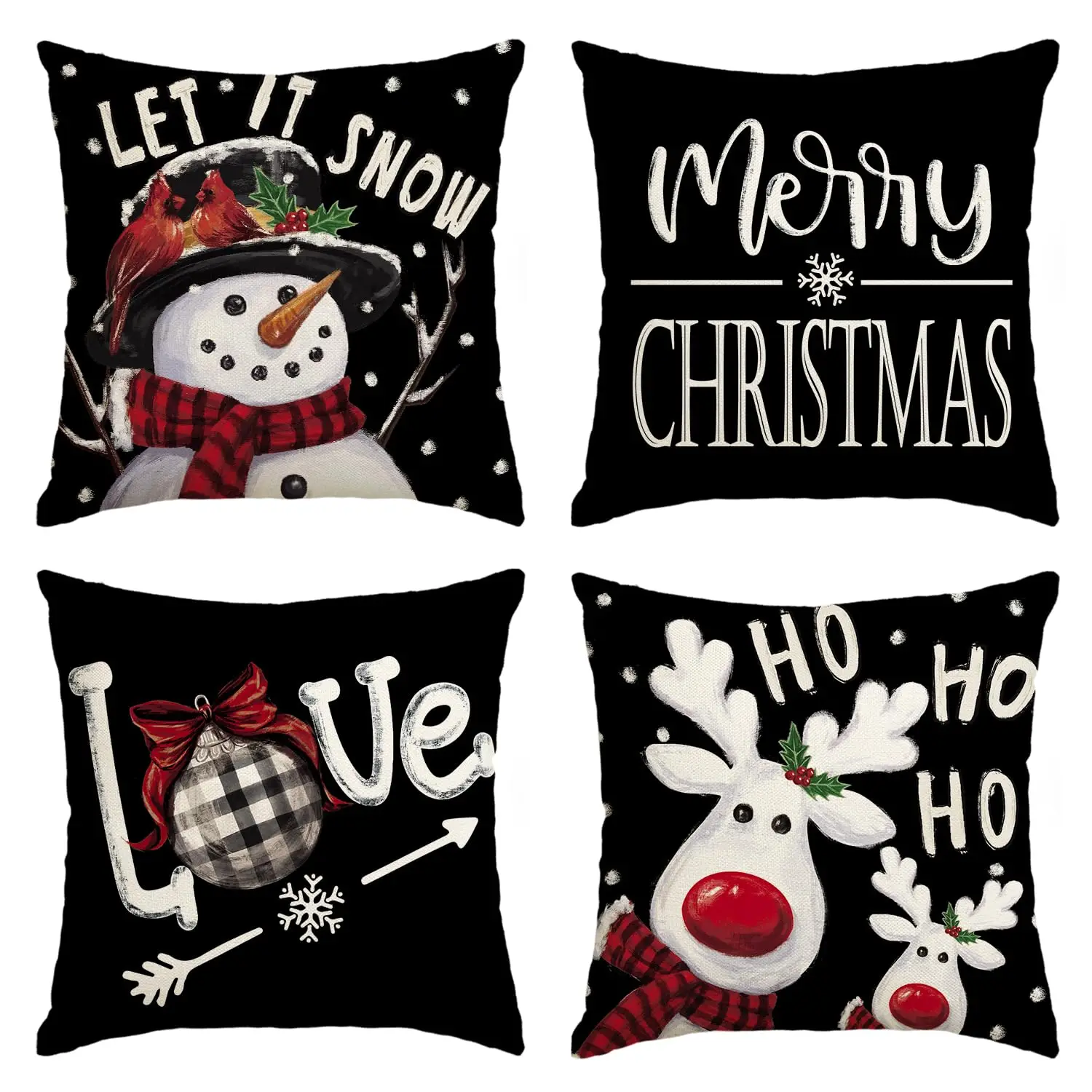 

Merry Christmas Let It Snow Love Snowman Black Throw Pillow Covers,Xmas Tree Holiday Cushion Case Decor for Sofa Couch Set of 4