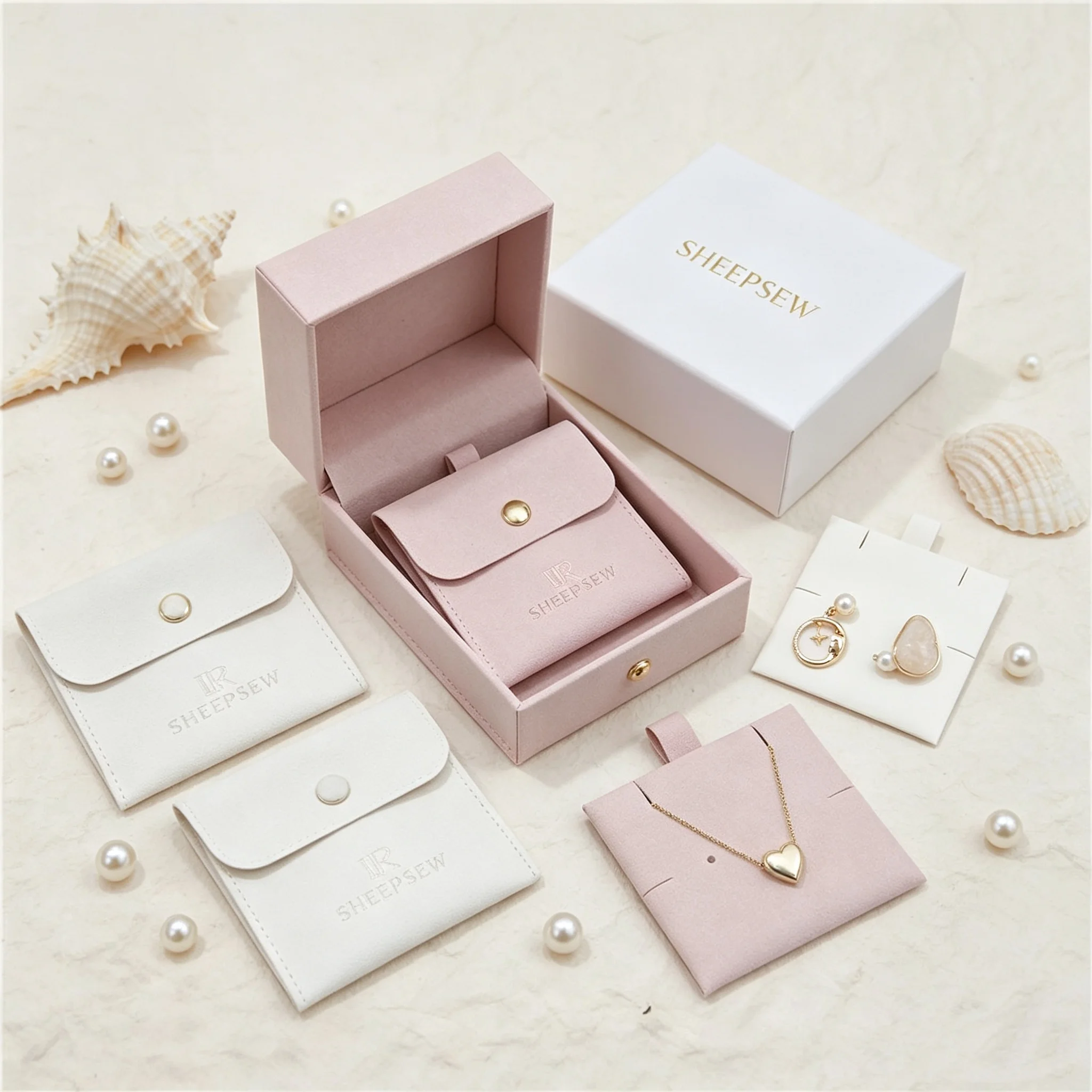 SheepSew Custom Hot Stamped Logo Sliding Drawer Jewelry Box Set With Snap Button Microfiber Envelope Pouch Brand Card Insert Gif