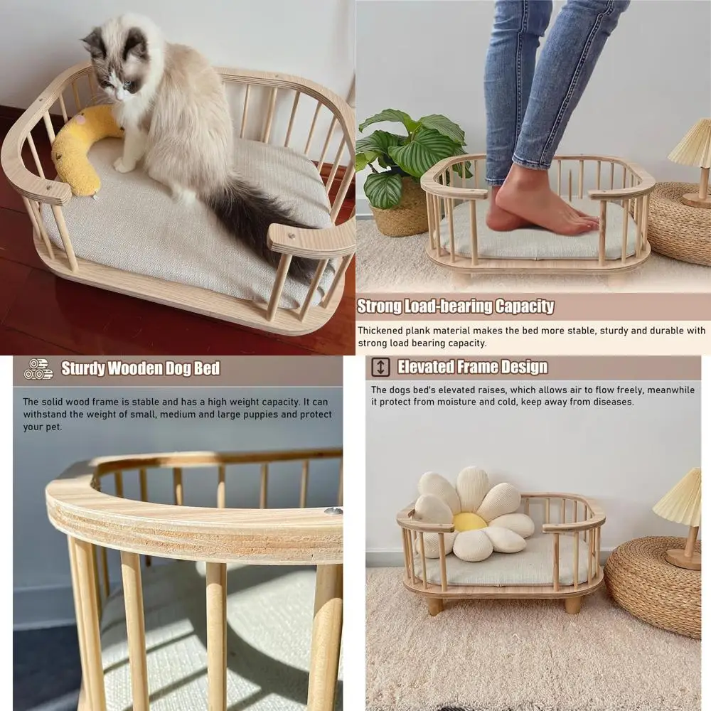 

Elevated Indoor Dog Bed with Railing and Cushion - Easy Assembly Wooden Pet Couch, Breathable, Cute Curved Design for Comfortabl