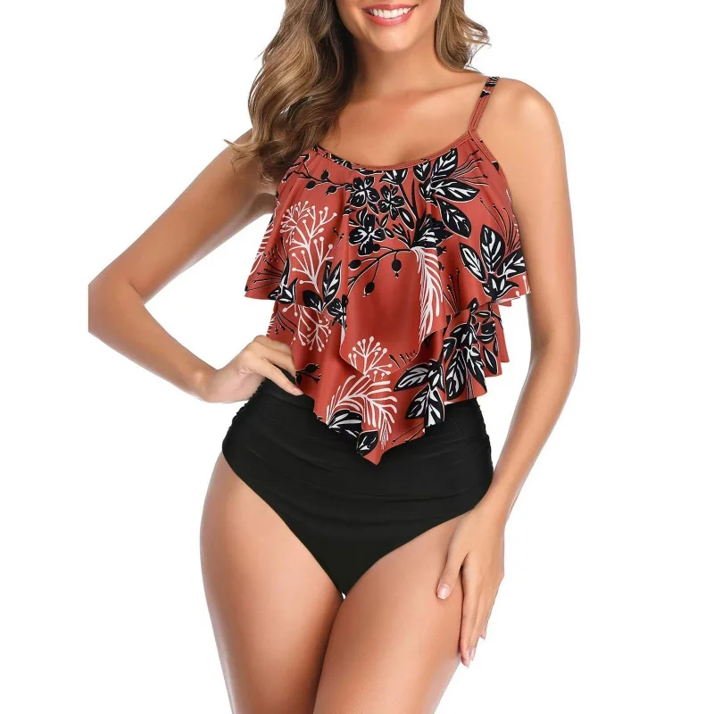 Traje de baño de dos piezas vendedor caliente para traje de baño Tankini con estampado de volantes y tirantes sueltos para mujer