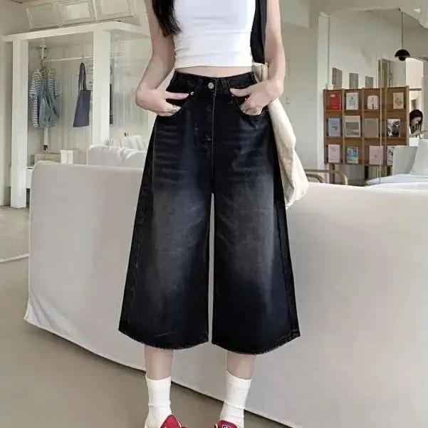 American Cropped Denim Shorts Women Spring Summer New Retro High Waist Washing Pants Loose And Versatile Casual Wide Leg Pants