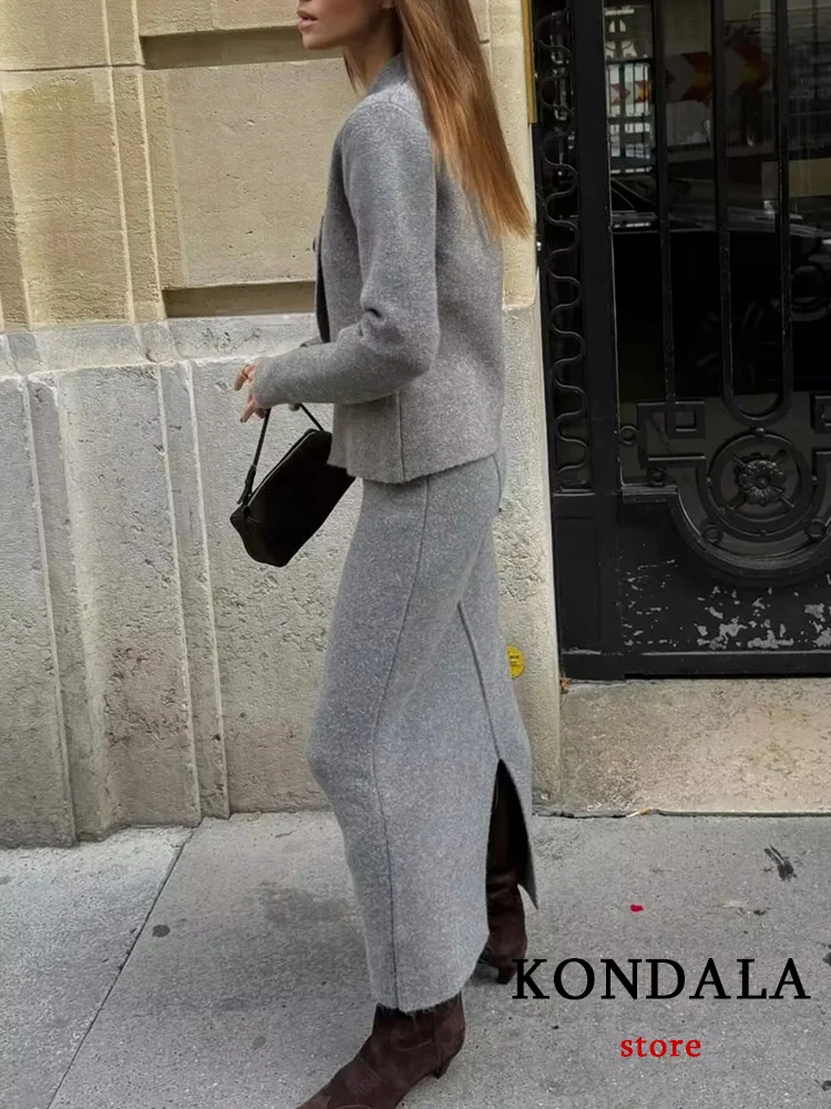 KONDALA Vintage Grey Solid Women Suit V-Neck Single Breasted Knitted Top Long Straight Skirt New Fashion 2023 Autumn Winter Sets